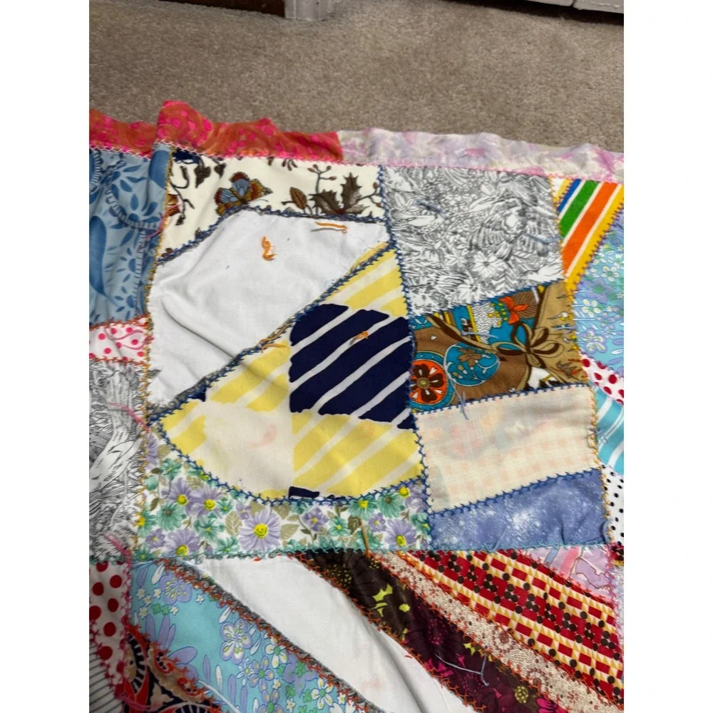 Vtg 70's Handmade Polyester Crazy Multi Color Patchwork Quilt Double Knit 66x86